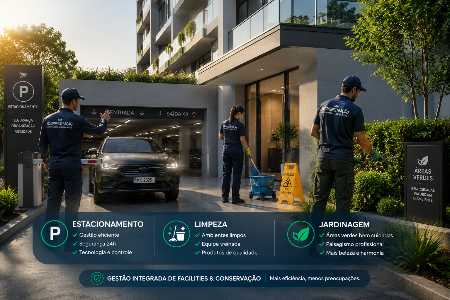 Fachada corporativa moderna com áreas verdes e estacionamento gerenciado pelo Grupo MK Administrações